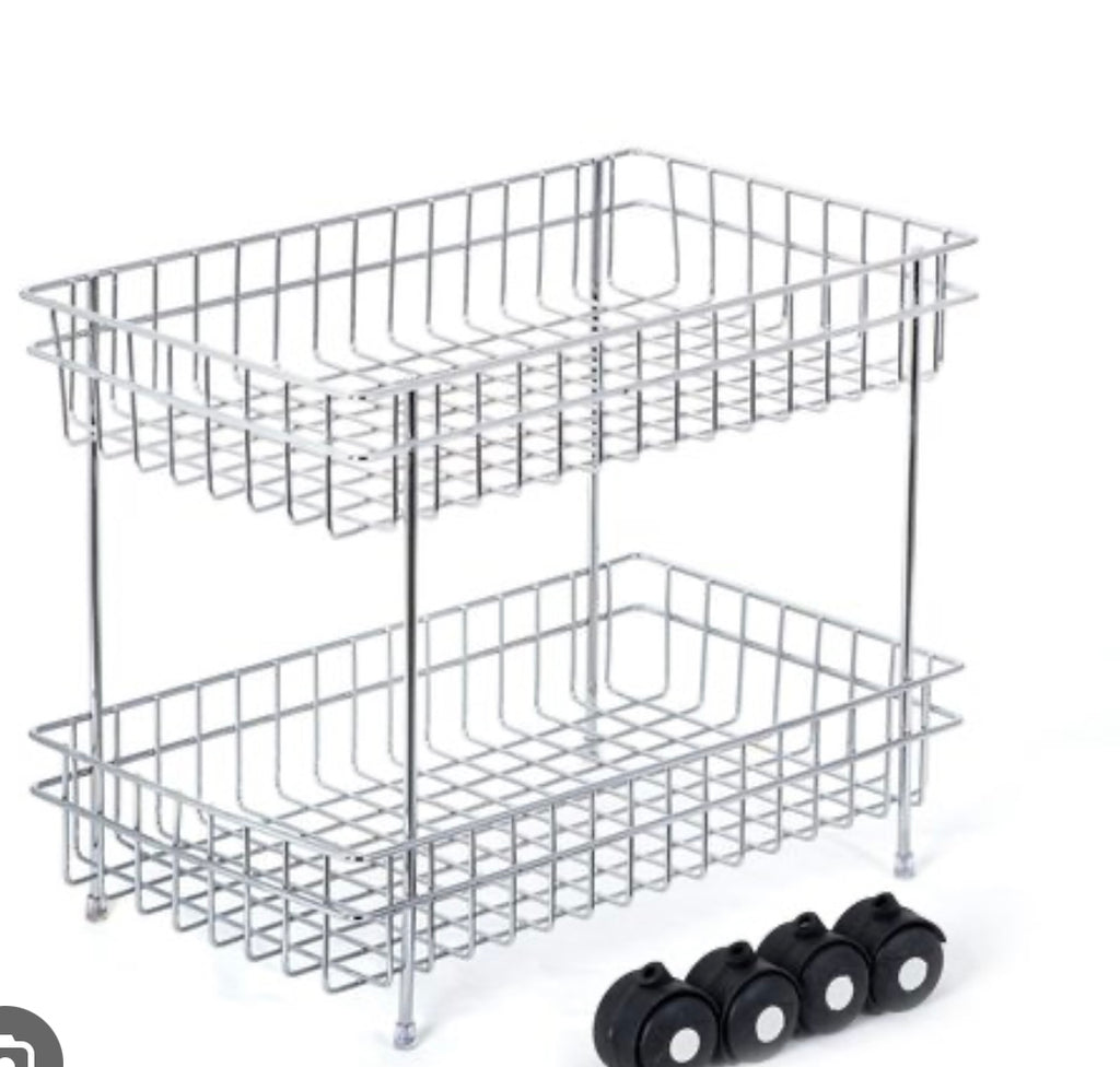 Premium 2-Tier Mobile Fruit & Vegetable Trolley with Wheels | Stainless Steel Wire Basket Kitchen Storage Rack for Fresh Produce