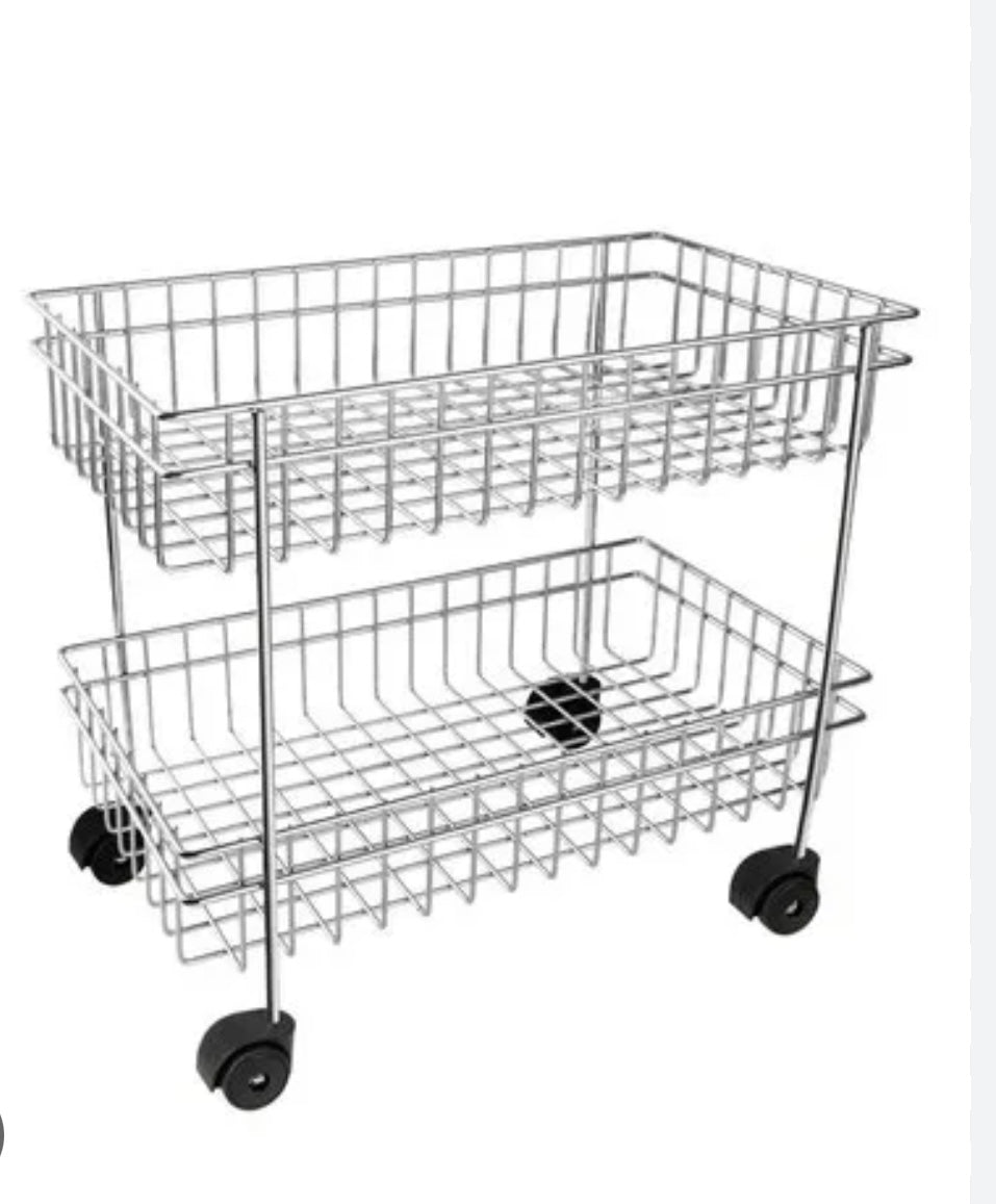 Premium 2-Tier Mobile Fruit & Vegetable Trolley with Wheels | Stainless Steel Wire Basket Kitchen Storage Rack for Fresh Produce