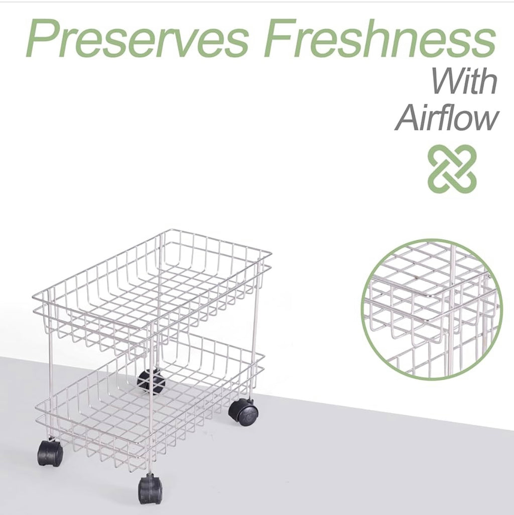 Premium 2-Tier Mobile Fruit & Vegetable Trolley with Wheels | Stainless Steel Wire Basket Kitchen Storage Rack for Fresh Produce