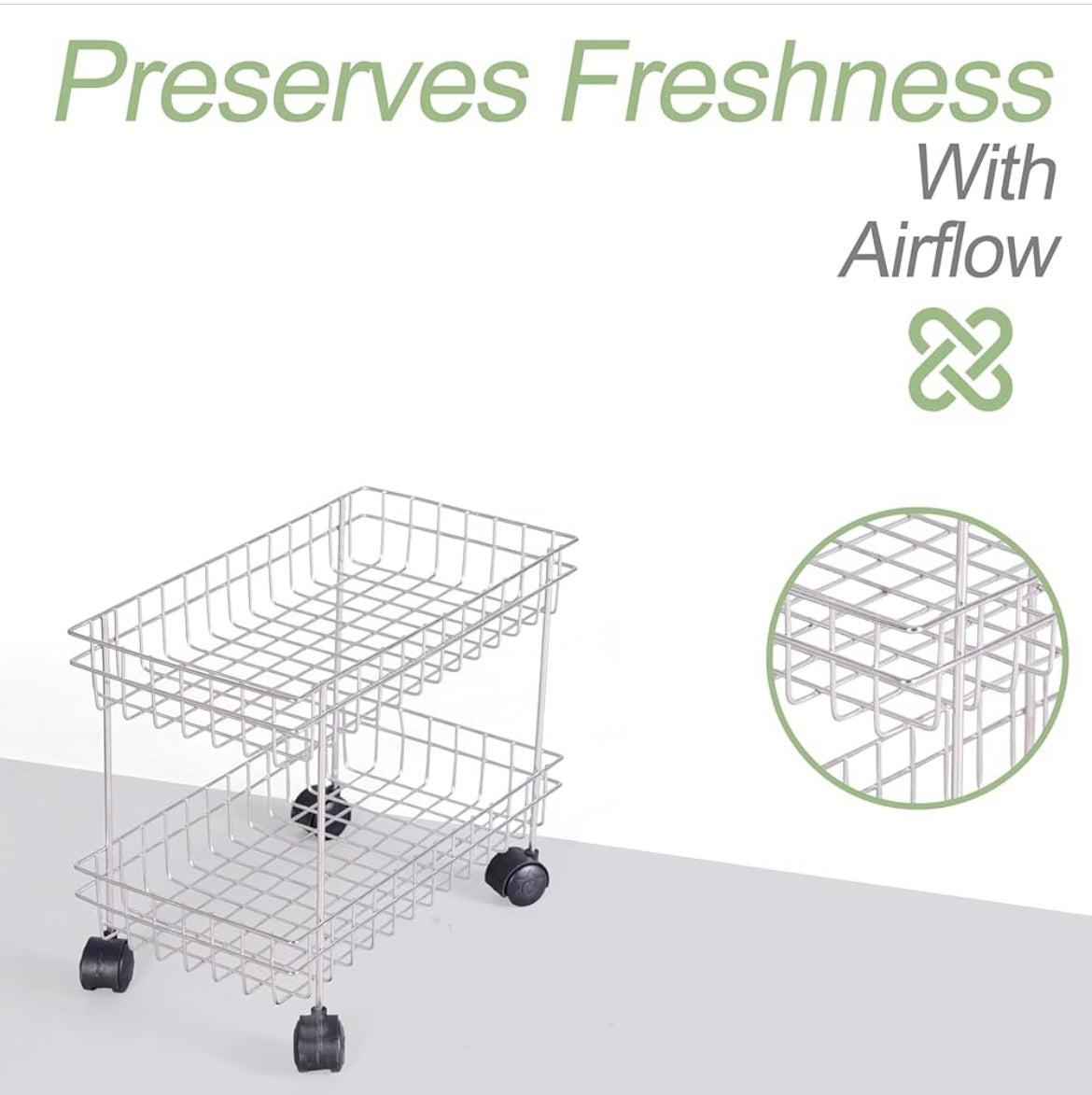 Premium 2-Tier Mobile Fruit & Vegetable Trolley with Wheels | Stainless Steel Wire Basket Kitchen Storage Rack for Fresh Produce