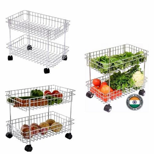 Premium 2-Tier Mobile Fruit & Vegetable Trolley with Wheels | Stainless Steel Wire Basket Kitchen Storage Rack for Fresh Produce