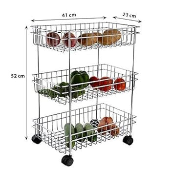 3-Tier Rolling Utility Cart  3-Layer Vegetable & Fruit Trolley with Wheels