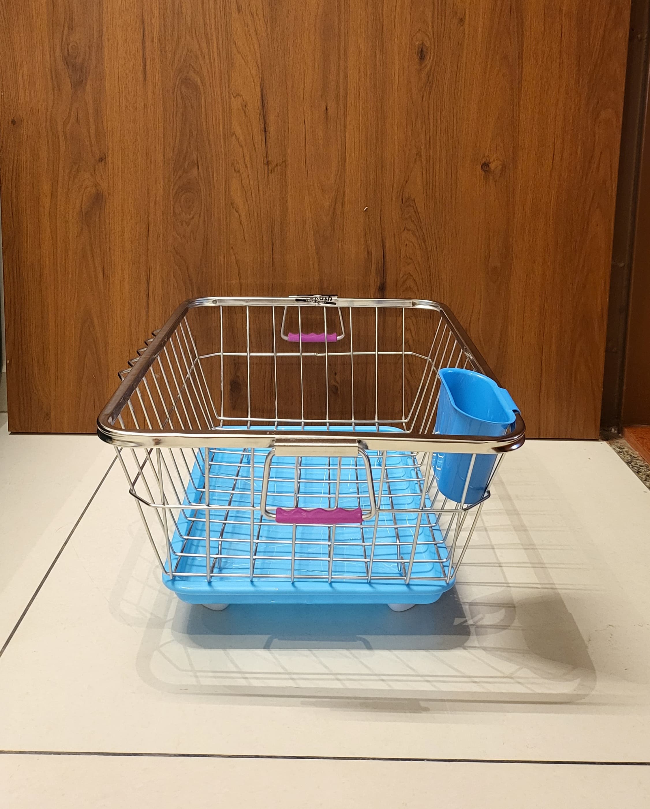 Premium Stainless Steel Dish Drainer Basket with Tray & Spoon Holder Blue Colour