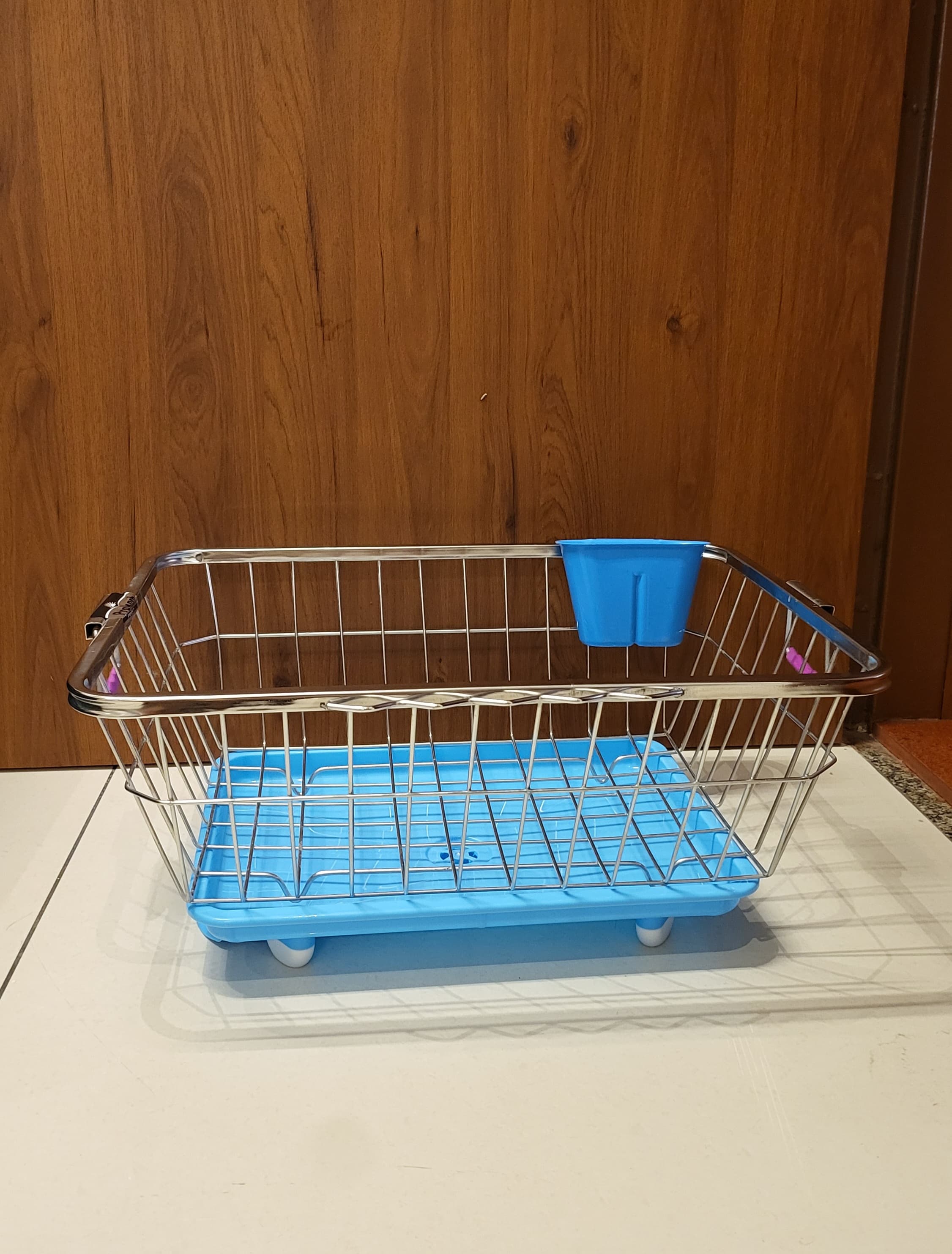 Premium Stainless Steel Dish Drainer Basket with Tray & Spoon Holder Blue Colour
