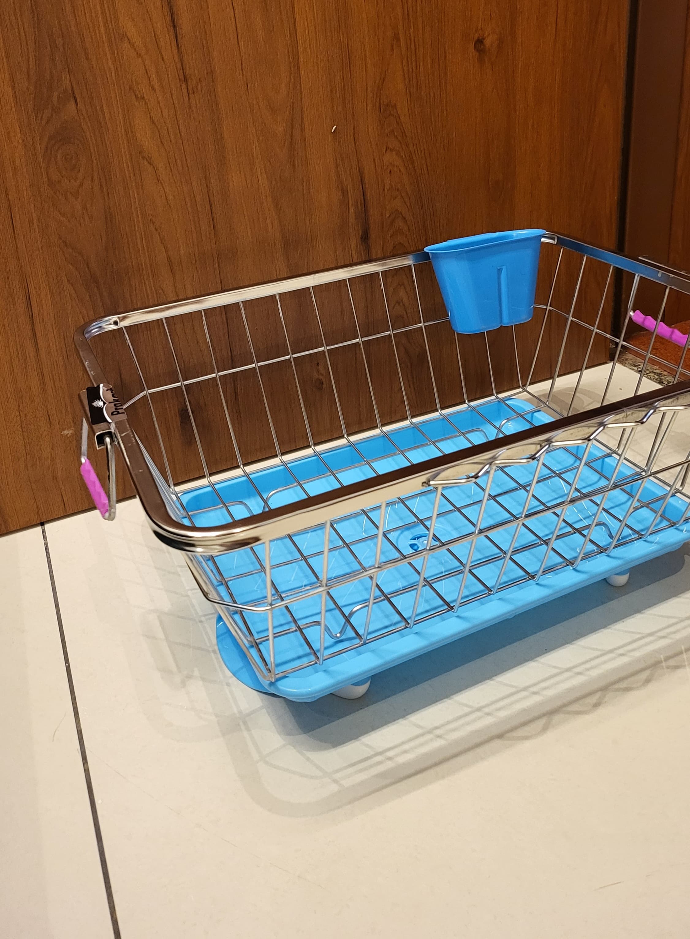 Premium Stainless Steel Dish Drainer Basket with Tray & Spoon Holder Blue Colour