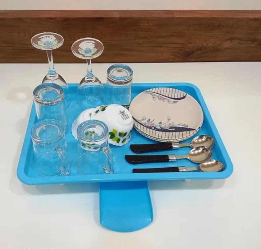 Premium Stainless Steel Dish Drainer Basket with Tray & Spoon Holder Blue Colour
