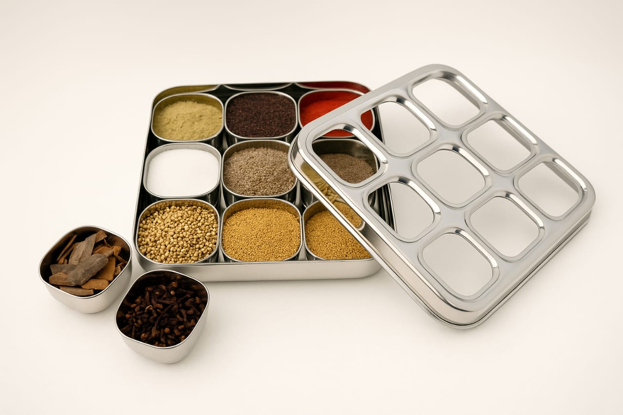 3D Premium Stainless Steel 9-Compartment Masala Box