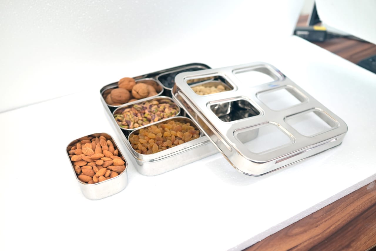 6-Compartment Premium Stainless Steel Masala Box  & Dry fruit Box