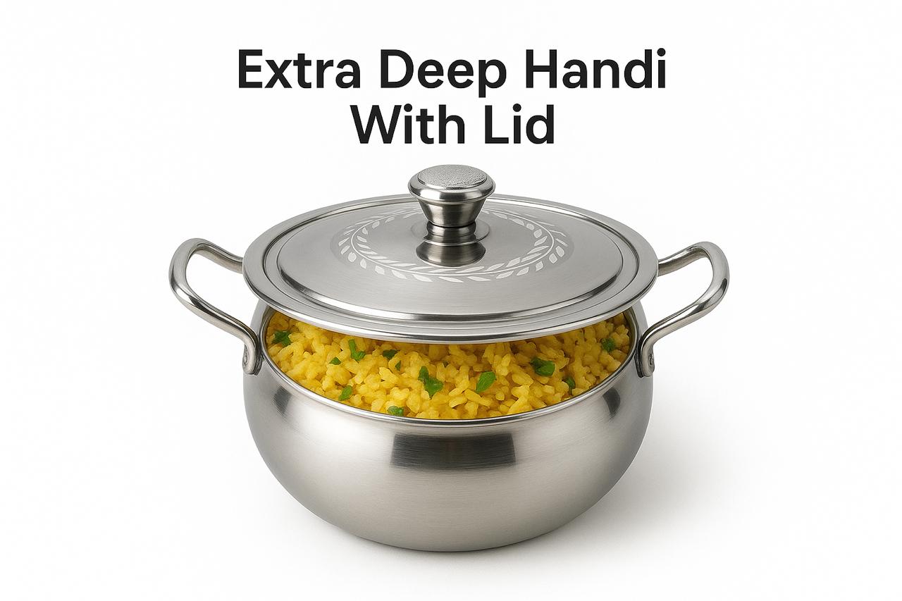 Premium Stainless Steel Handi with Lid & Dual Handles | Heavy Duty Cooking Pot for Kitchen