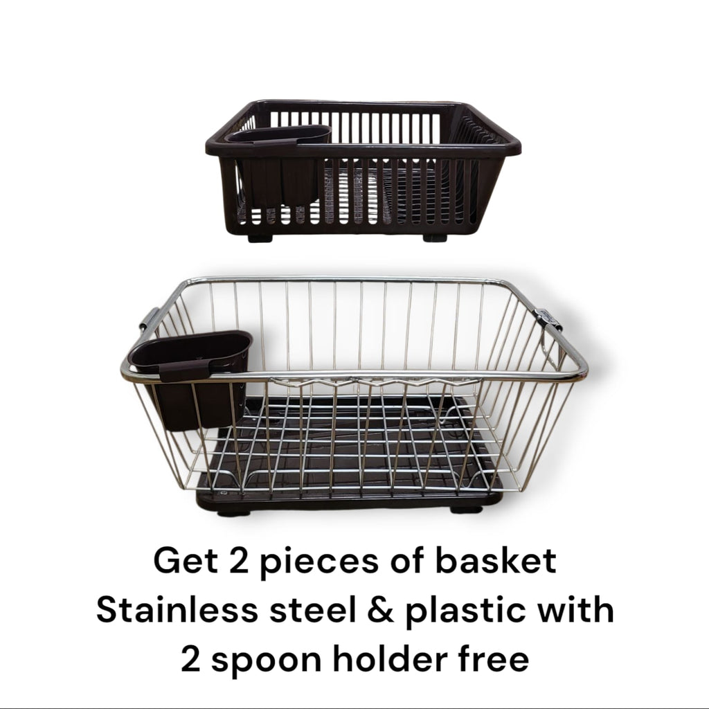 2-in-1 Steel Dish Drying Rack & Organizer with Bonus Plastic Draining Basket and Cutlery Stand