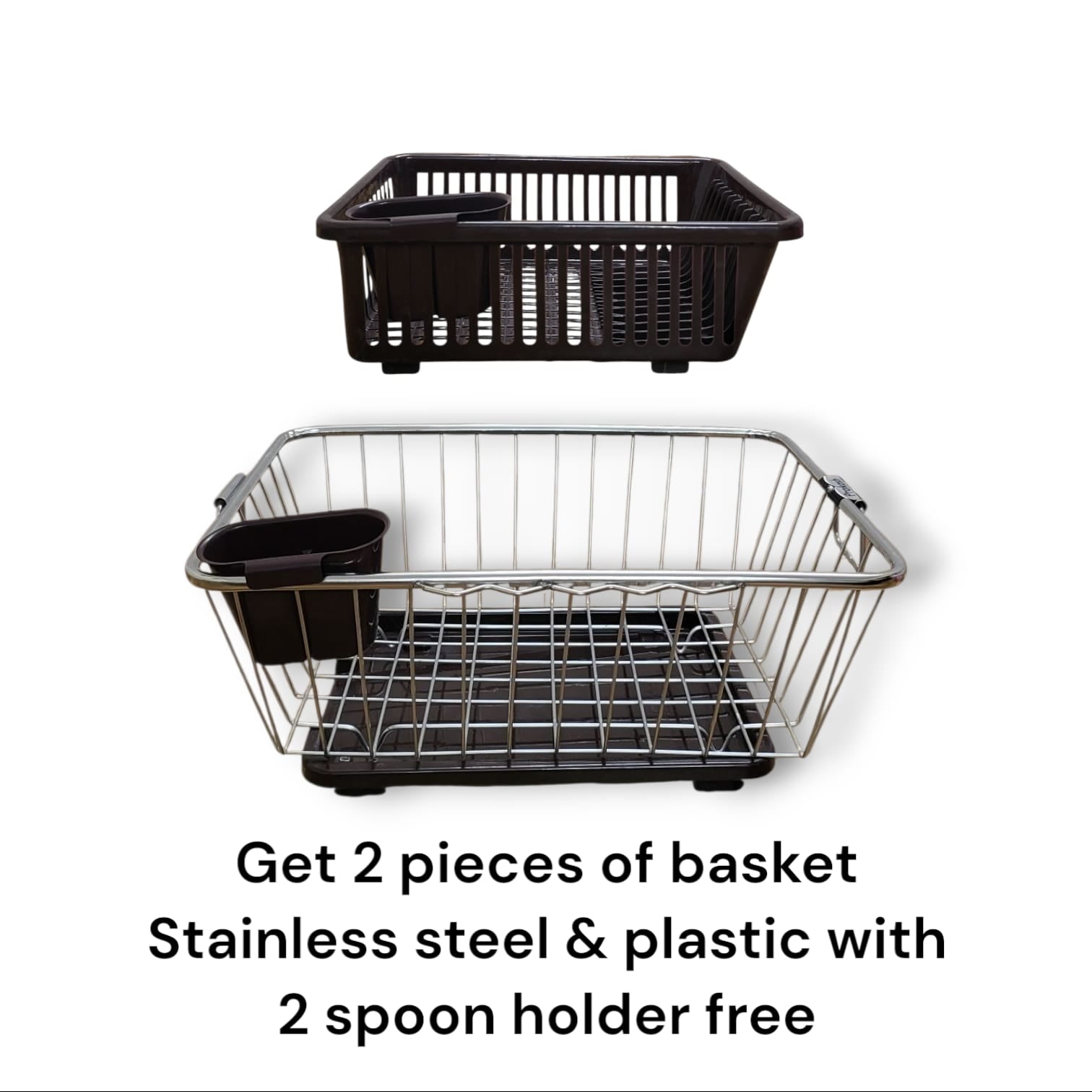 2-in-1 Steel Dish Drying Rack & Organizer with Bonus Plastic Draining Basket and Cutlery Stand