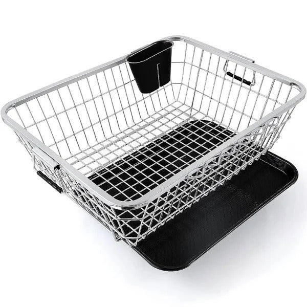 Modern Steel Dish Drainer Basket with Black Drip Tray & Cutlery Stand | Kitchen Sink Organizer