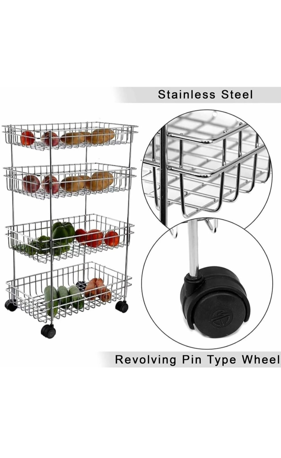 4-Tier Fruit and Vegetable Rolling Trolley