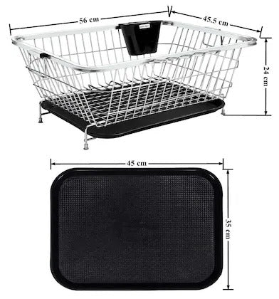 Heavy Duty Double Ring Stainless Steel Dish Drainer Basket with Black Tray | Rust Resistant Kitchen Rack Organizer