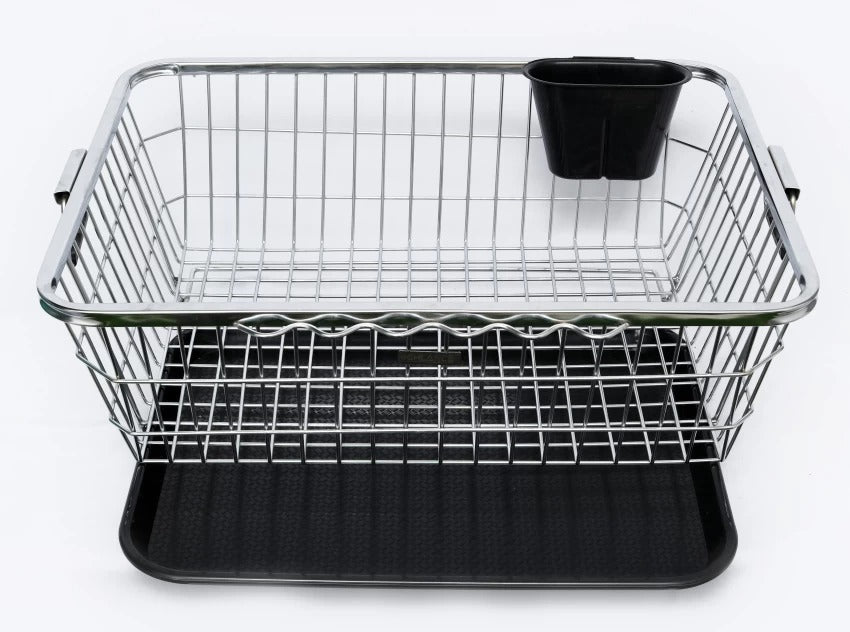 Heavy Duty Double Ring Stainless Steel Dish Drainer Basket with Black Tray | Rust Resistant Kitchen Rack Organizer