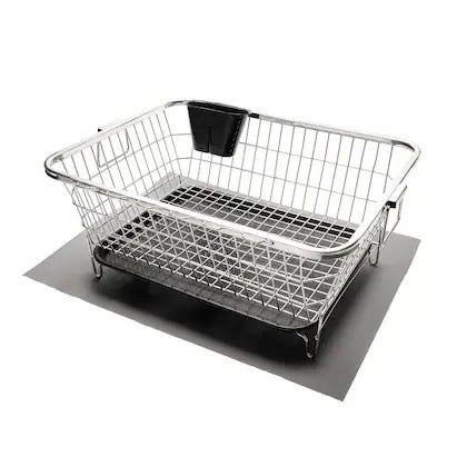 Heavy Duty Double Ring Stainless Steel Dish Drainer Basket with Black Tray | Rust Resistant Kitchen Rack Organizer