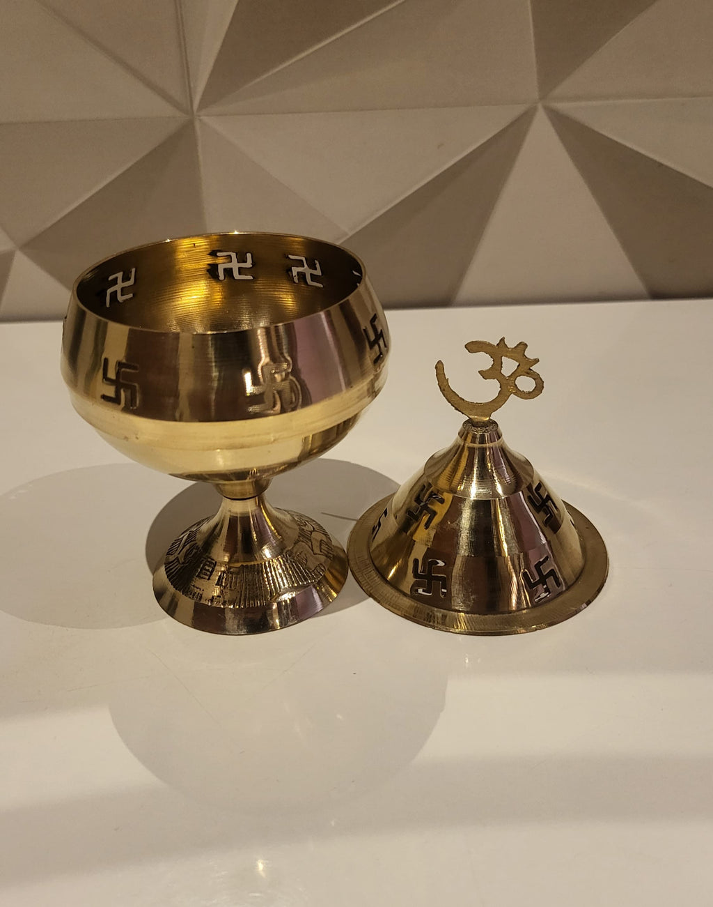 Brass Akhand Diya with Lid & Om Symbol | Traditional Swastik Engraved Akhand Jyot for Puja & Temple