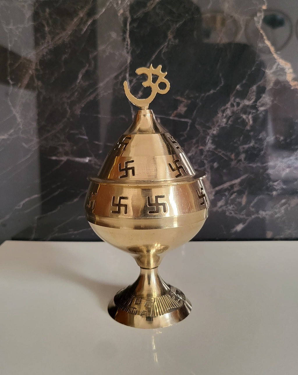 Brass Akhand Diya with Lid & Om Symbol | Traditional Swastik Engraved Akhand Jyot for Puja & Temple