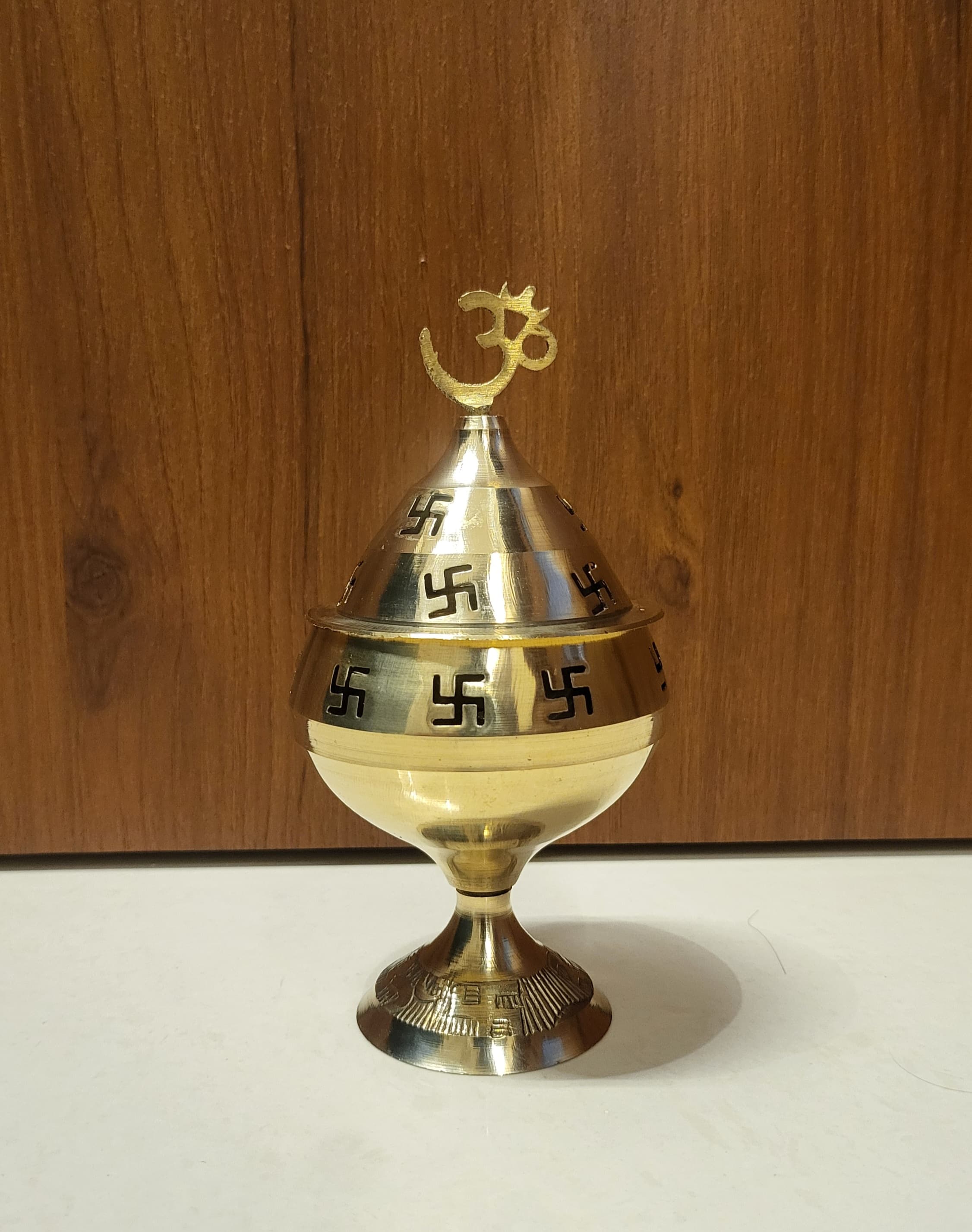 Brass Akhand Diya with Lid & Om Symbol | Traditional Swastik Engraved Akhand Jyot for Puja & Temple