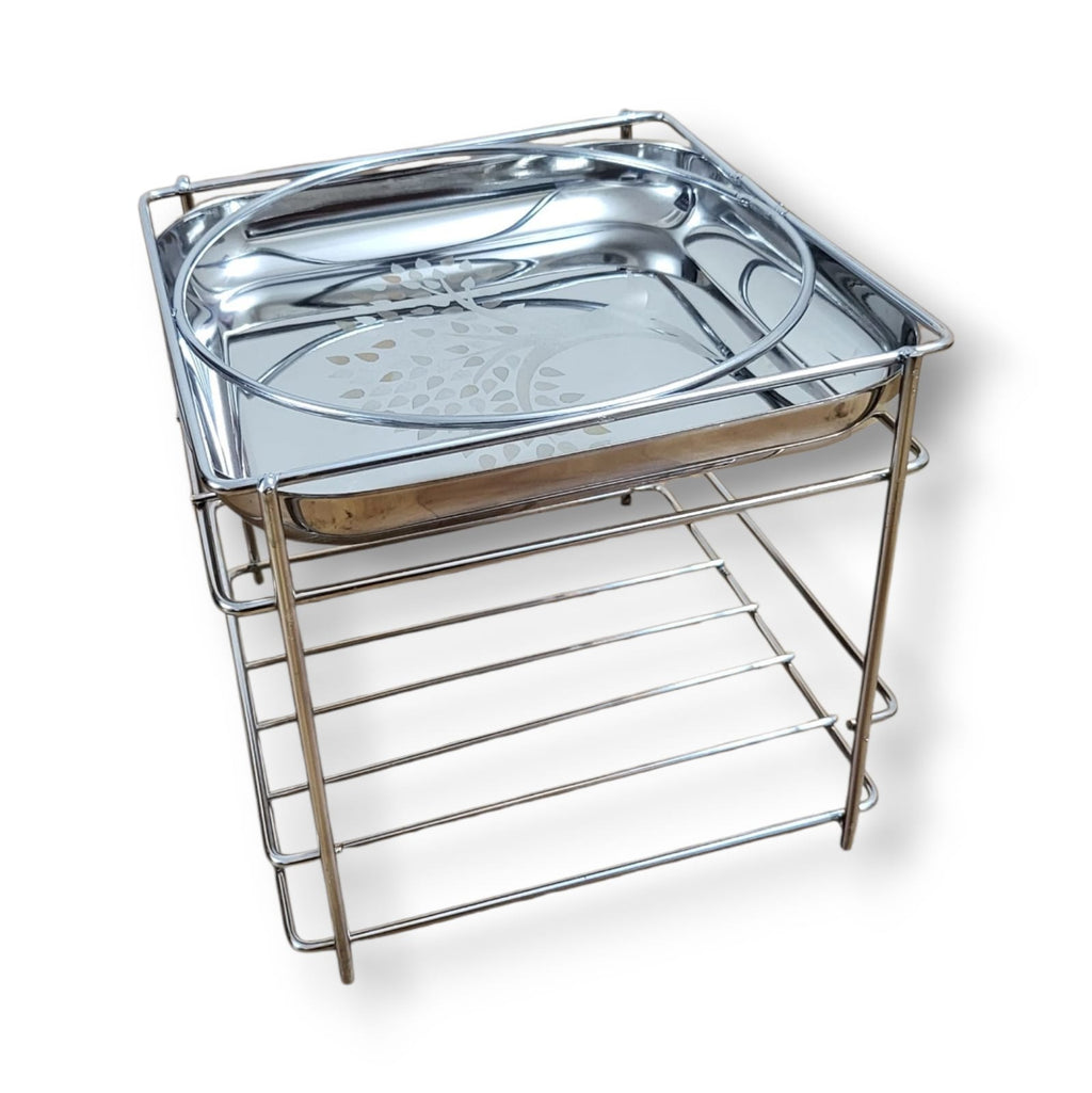 Premium Stainless Steel Matka Stand with Decorative Tree-Patterned Tray & Ring Holder