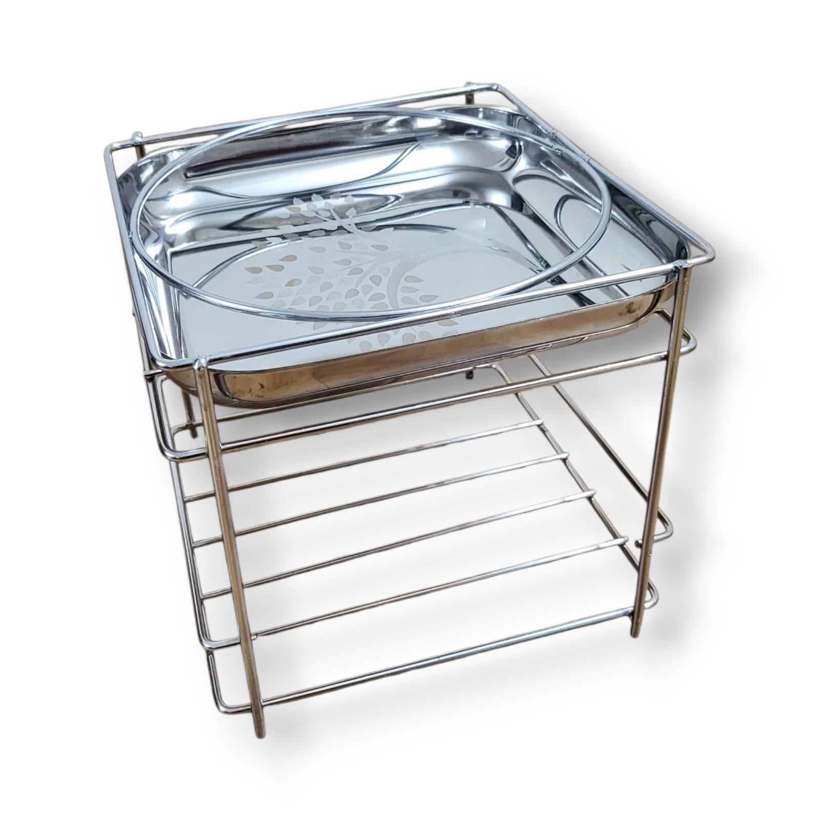 Premium Stainless Steel Matka Stand with Decorative Tree-Patterned Tray & Ring Holder