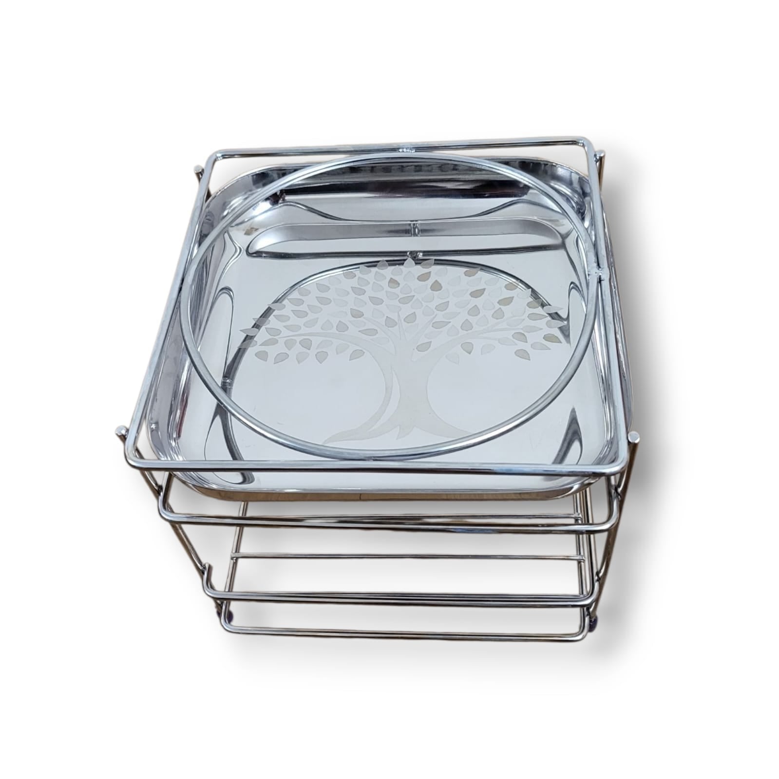 Premium Stainless Steel Matka Stand with Decorative Tree-Patterned Tray & Ring Holder