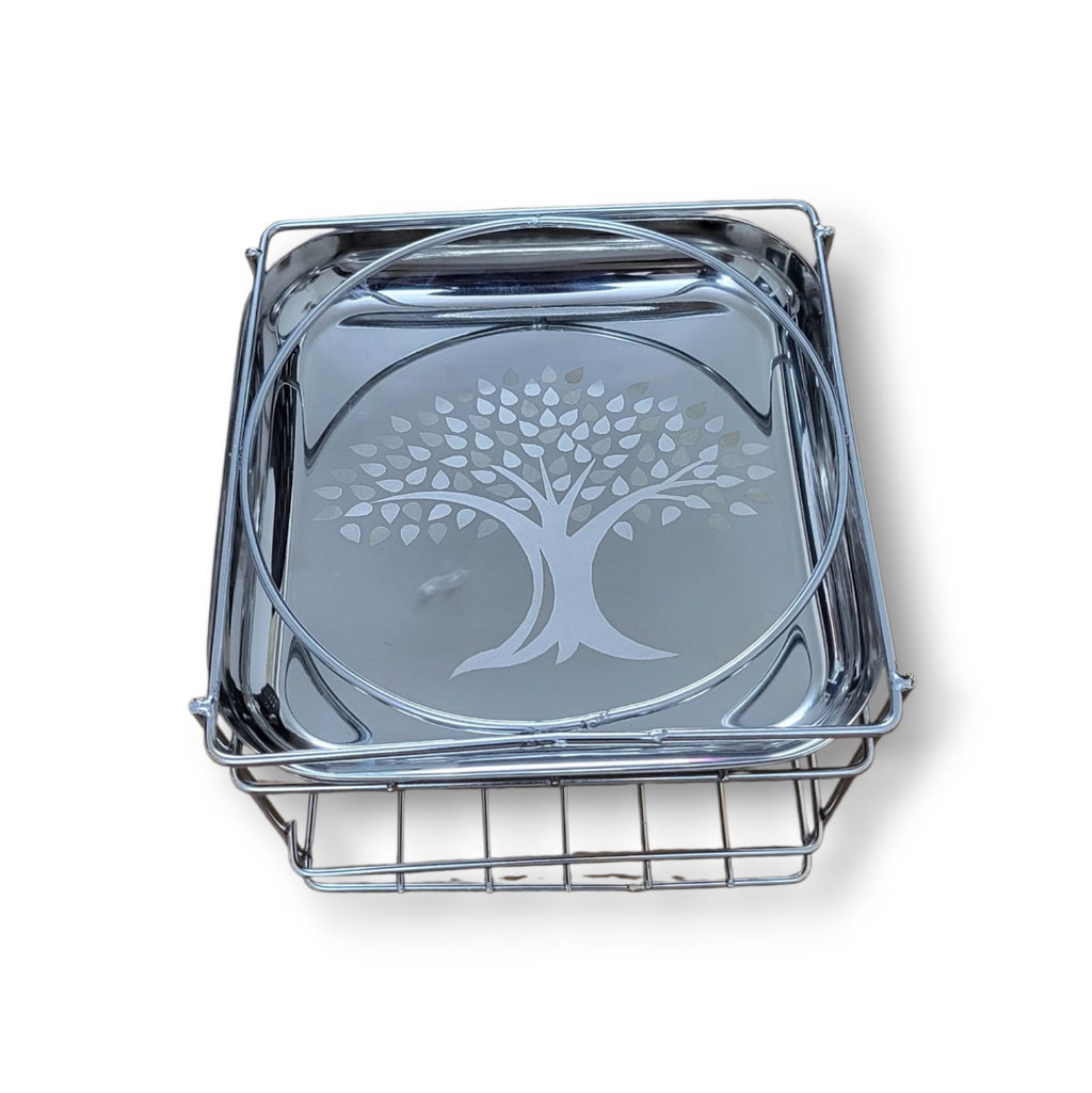 Premium Stainless Steel Matka Stand with Decorative Tree-Patterned Tray & Ring Holder