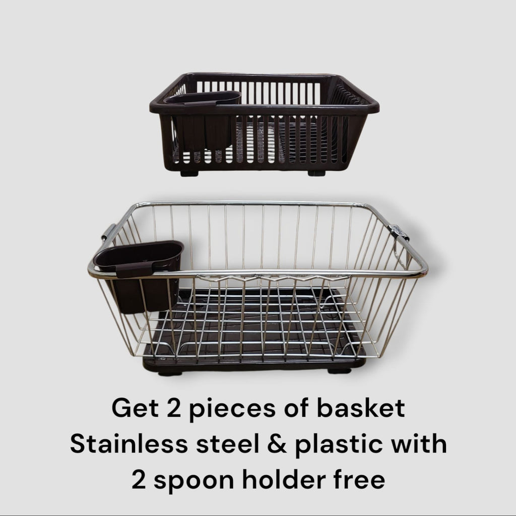 2-in-1 Steel Dish Drying Rack & Organizer with Bonus Plastic Draining Basket and Cutlery Stand
