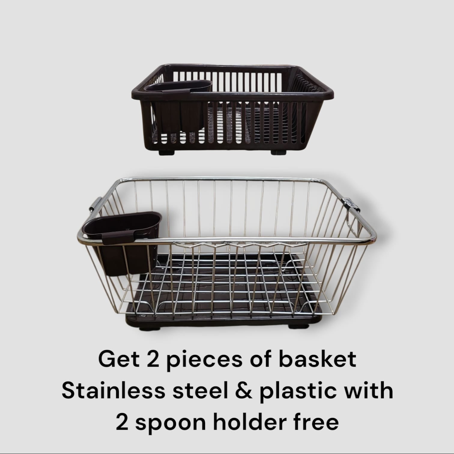2-in-1 Steel Dish Drying Rack & Organizer with Bonus Plastic Draining Basket and Cutlery Stand