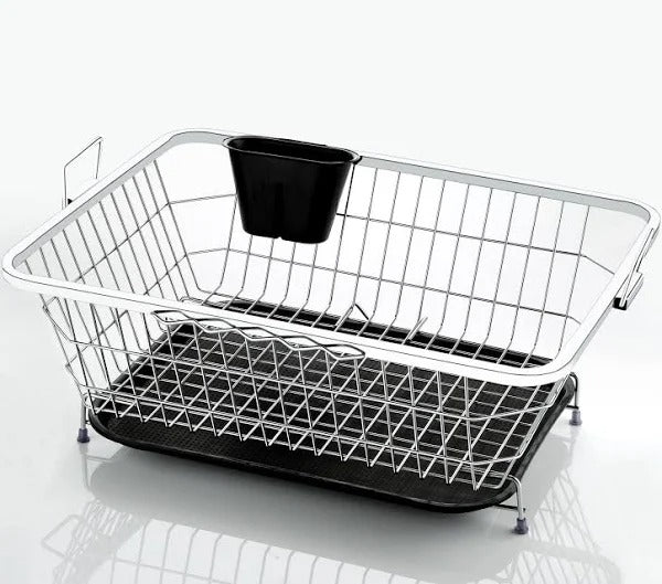 Modern Steel Dish Drainer Basket with Black Drip Tray & Cutlery Stand | Kitchen Sink Organizer